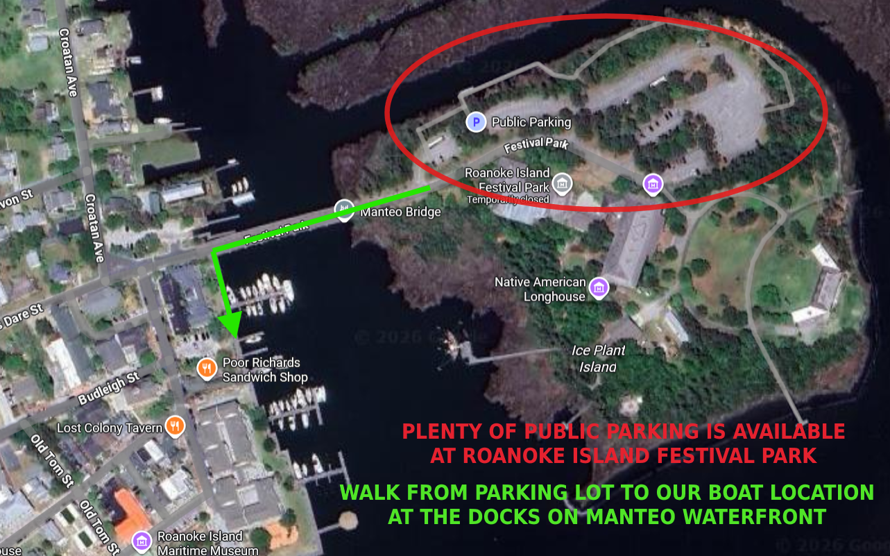 OBX Tiki Time Boat Dock Location - Dolphin Tours Welcome Aboard